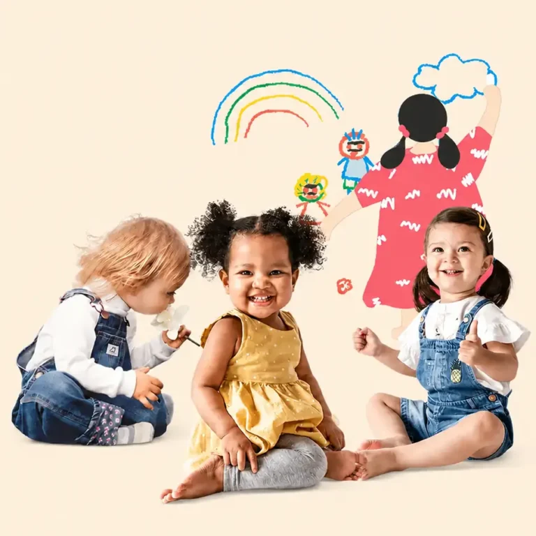 Collage mit drei kleinen Kindern und einer gezeichneten Figur vor bunten Kinderzeichnungen. Wunderkinder gGmbH